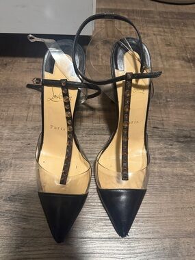 Christian Louboutin Black Pointed T-Strap Heels with Clear Panels
